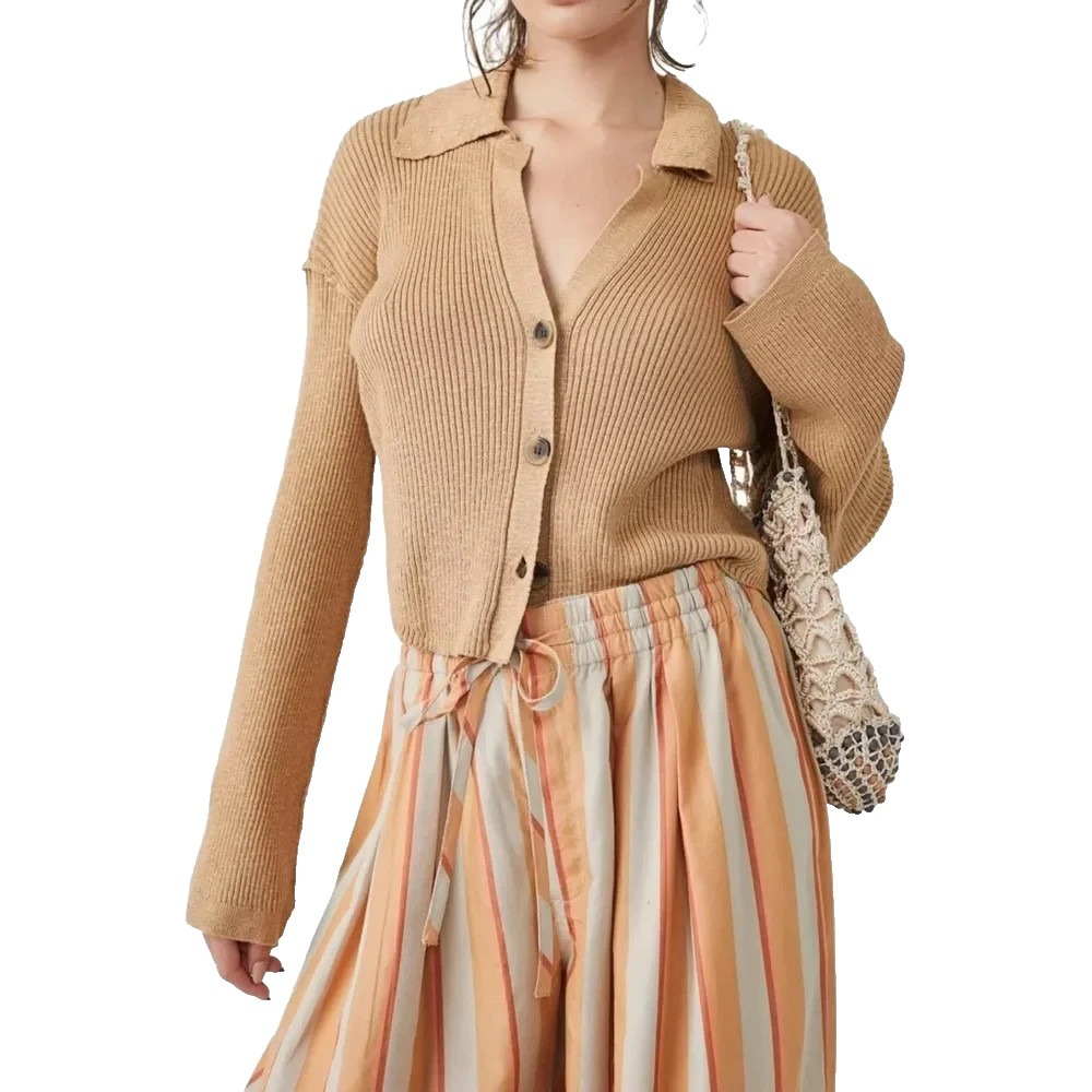 Free People Sweater Ella Ribbed Collared Button Front Crop Relaxed